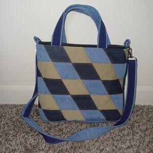 Rhomboid Pattern Blue Jean Denim Purse Upcycled Handmade Bag Shoulder Crossbody